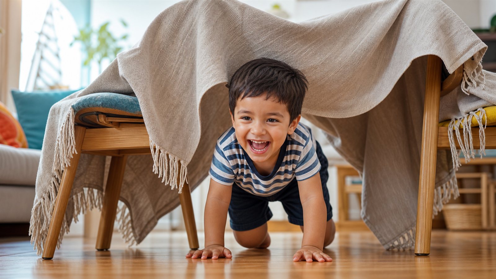 Niño pequeño gateando feliz por un túnel casero hecho con una manta